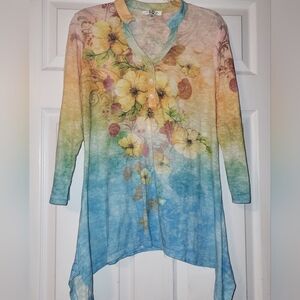 Floral Watercolor Asymmetrical‎ Hem Burnout Shirt Women's Size Medium Pastel